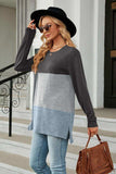Color Block Round Neck Long Sleeve Slit T-Shirt - Trendsi - Flyclothing LLC