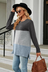 Color Block Round Neck Long Sleeve Slit T-Shirt - Trendsi