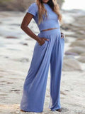 Round Neck Short Sleeve Top and Pocketed Pants Set - Trendsi - Flyclothing LLC