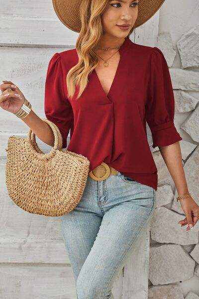 Notched Half Sleeve T-Shirt - Trendsi - Flyclothing LLC