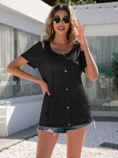 Decorative Button Round Neck Cold Shoulder T-Shirt - Trendsi - Flyclothing LLC