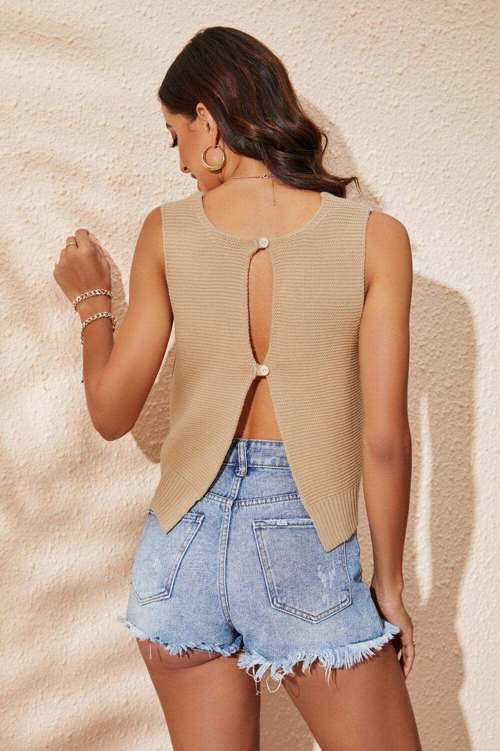 Buttoned Cutout Ribbed Trim Knit Tank - Trendsi - Flyclothing LLC