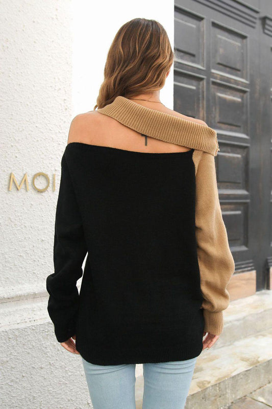 Ribbed Off-Shoulder Lantern Sleeve Pullover Sweater - Trendsi