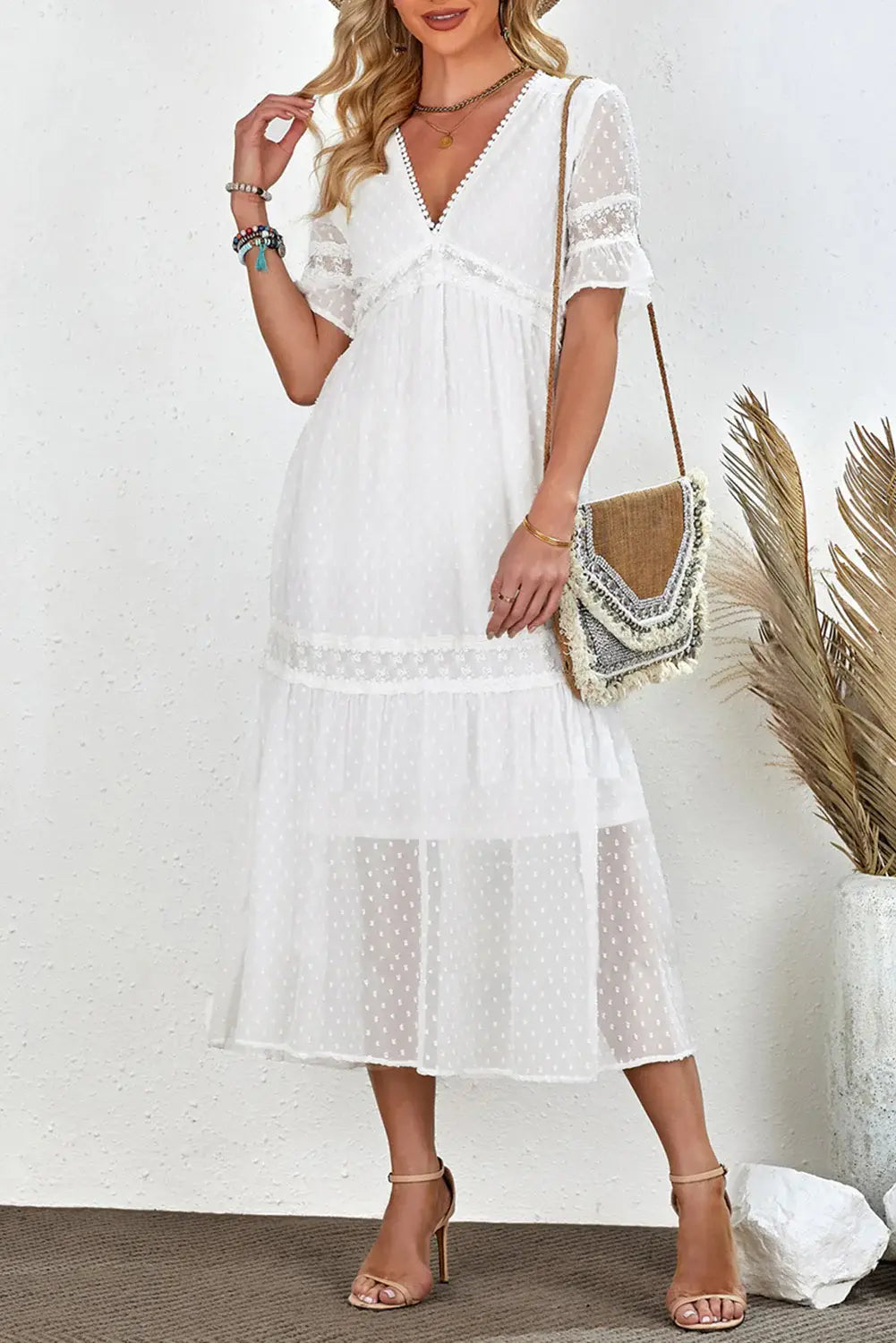 Swiss Dot V-Neck Short Sleeve Midi Dress - Trendsi - Flyclothing LLC