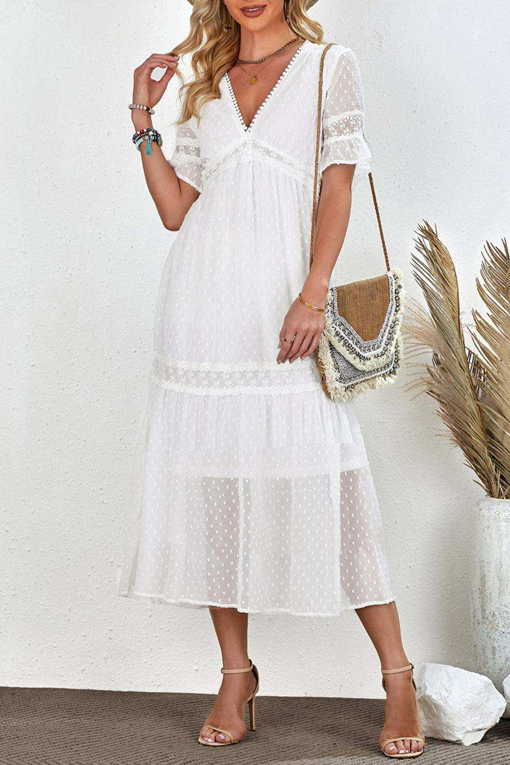 Swiss Dot V-Neck Short Sleeve Midi Dress - Trendsi - Flyclothing LLC