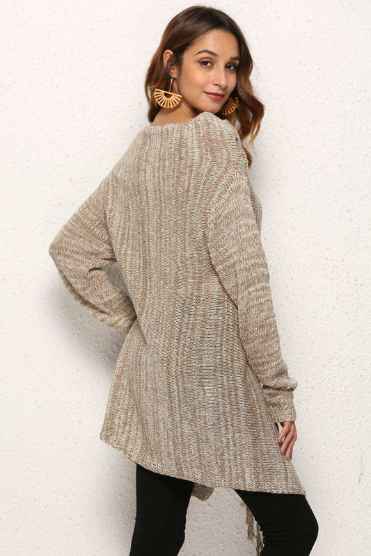 One-Button Tassel Tie Asymmetrical Hem Cardigan - Trendsi - Flyclothing LLC