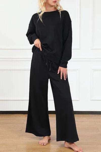 Double Take Full Size Textured Long Sleeve Top and Drawstring Pants Set - Trendsi - Flyclothing LLC