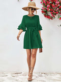 Round Neck Tie Belt Flounce Sleeve Dress - Trendsi - Flyclothing LLC