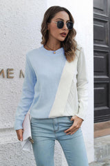 Contrast Color Round Neck Long Sleeve Sweater - Trendsi