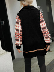 Geometric Zip-Up Collared Sherpa Jacket - Trendsi