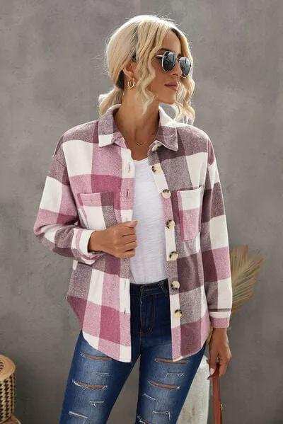 Plaid Button Up Dropped Shoulder Jacket - Trendsi - Flyclothing LLC