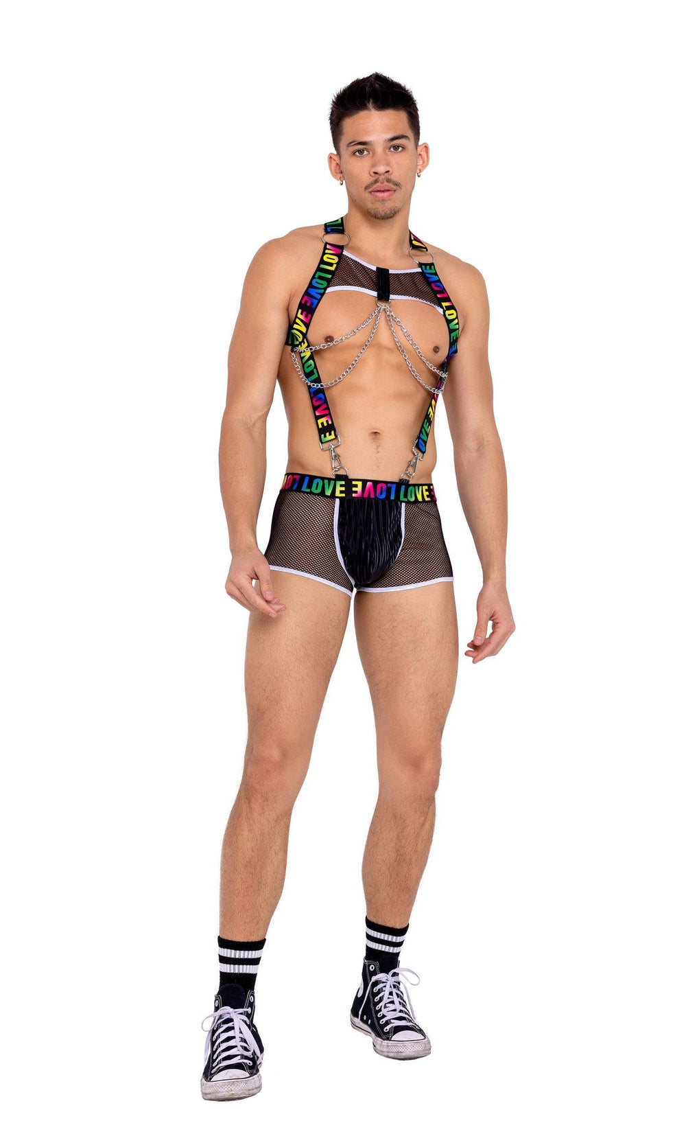 Roma Costume Mens Pride Harness with Suspenders Includes Chain, Lobster Claw Clip, and LOVE Elastic Logo - Roma Costume