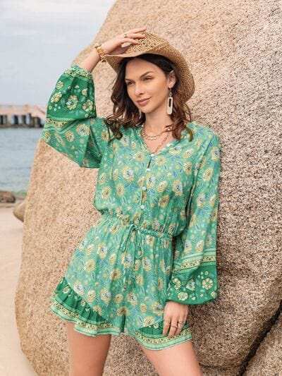 Printed Ruffled Balloon Sleeve Romper - Trendsi - Flyclothing LLC