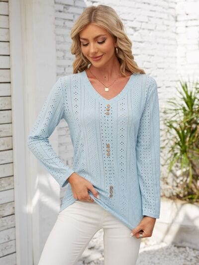 Decorative Button Openwork V-Neck T-Shirt - Trendsi