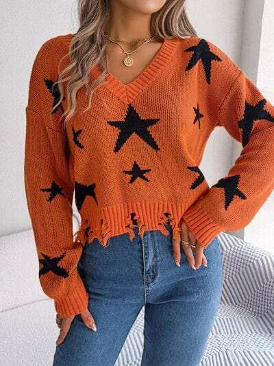 Star Pattern Distressed V-Neck Cropped Sweater - Trendsi - Flyclothing LLC
