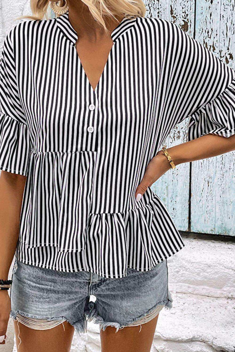 Striped Asymmetrical Flounce Sleeve Blouse - Trendsi - Flyclothing LLC