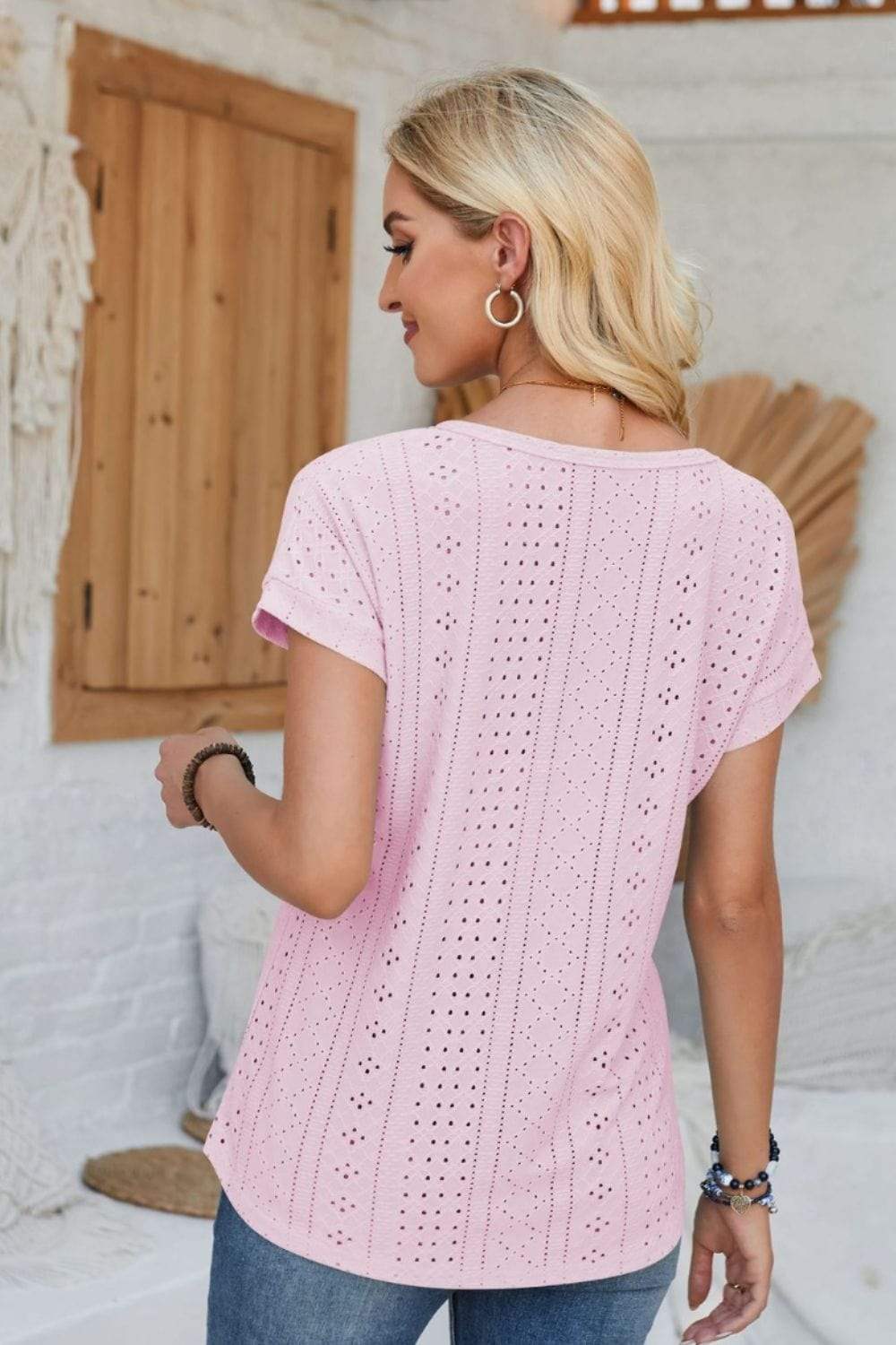Eyelet Round Neck Rolled Short Sleeve T-Shirt - Trendsi - Flyclothing LLC