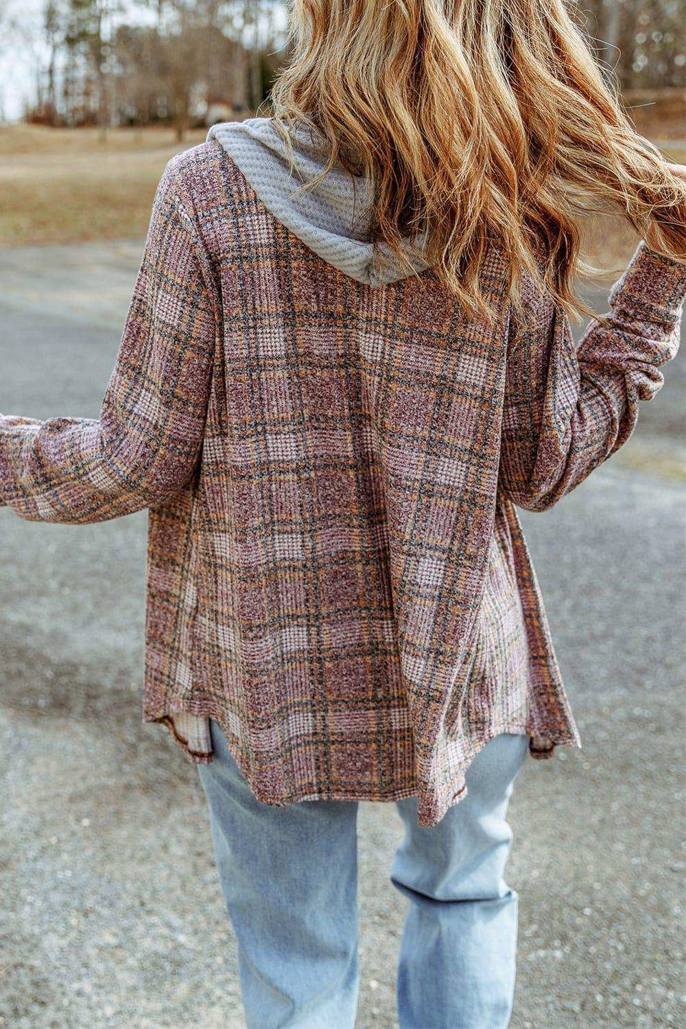 Plaid Long Sleeve Hooded Jacket - Trendsi - Flyclothing LLC