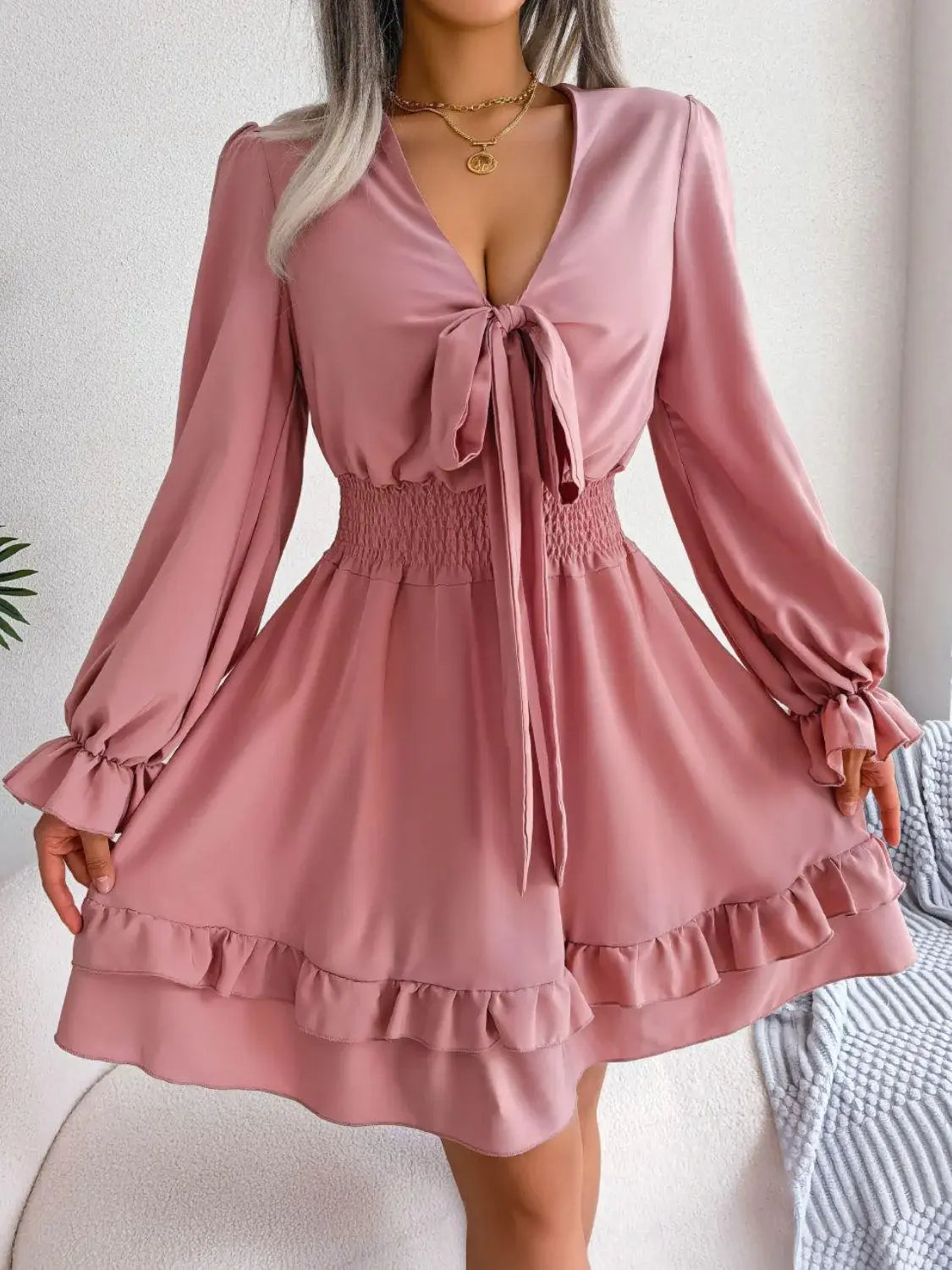 Tie Front Smocked Waist Flounce Sleeve Dress - Trendsi - Flyclothing LLC