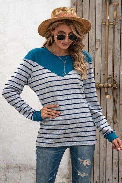 Striped Round Neck Long Sleeve T-Shirt - Trendsi - Flyclothing LLC