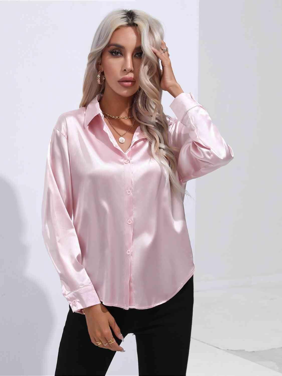 Collared Neck Buttoned Long Sleeve Shirt - Trendsi