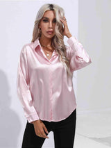 Collared Neck Buttoned Long Sleeve Shirt - Trendsi - Flyclothing LLC