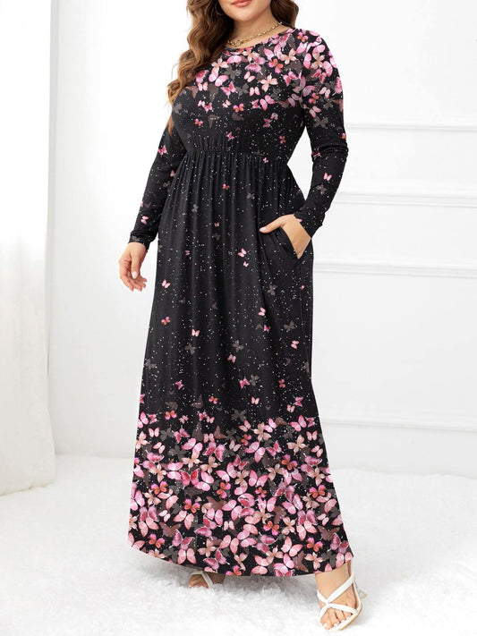 Plus Size Round Neck Maxi Dress with Pockets - Trendsi