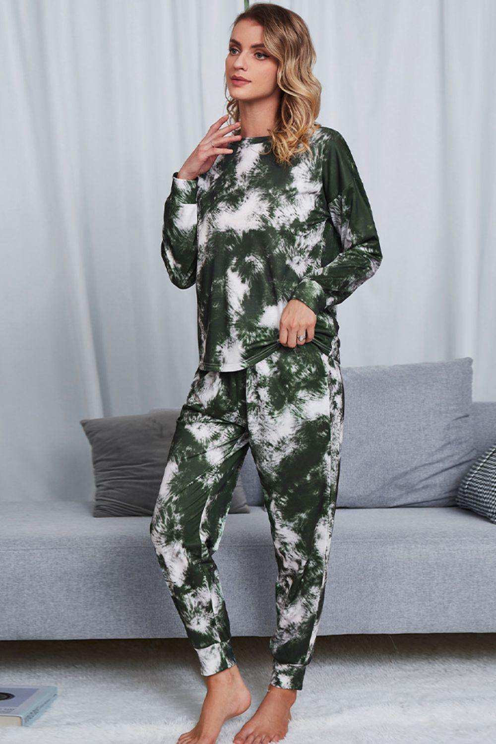Tie-Dye Crewneck Top and Drawstring Waist Joggers Lounge Set - Trendsi - Flyclothing LLC