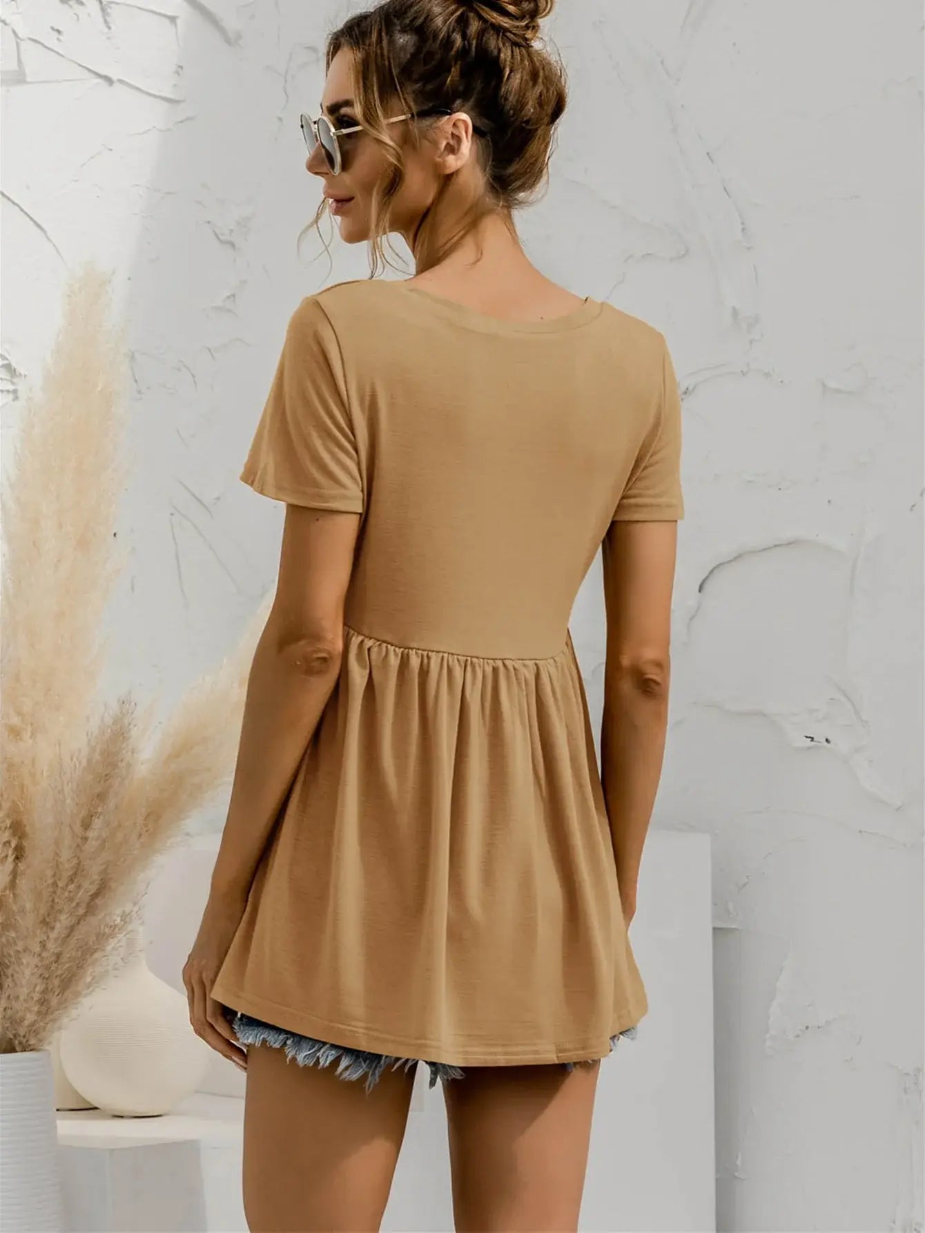 V-Neck Short Sleeve Babydoll Top - Trendsi - Flyclothing LLC