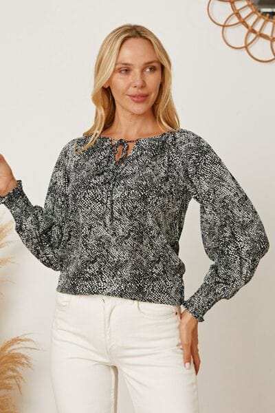 Printed Tie Neck Lantern Sleeve Blouse - Trendsi - Flyclothing LLC