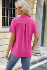 Pocketed Johnny Collar Short Sleeve Blouse - Trendsi - Flyclothing LLC
