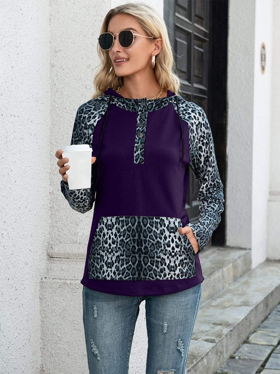 Leopard Raglan Sleeve Hoodie - Trendsi - Flyclothing LLC