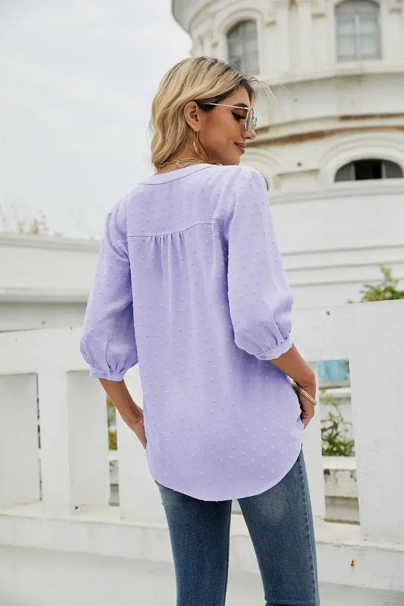Swiss Dot Notched Neck Three-Quarter Sleeve Blouse - Trendsi - Flyclothing LLC