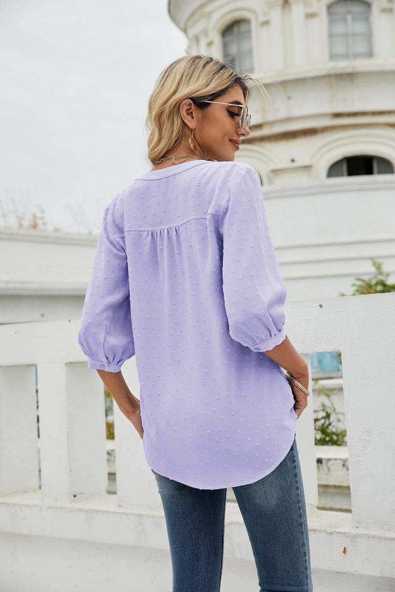 Swiss Dot Notched Neck Three-Quarter Sleeve Blouse - Trendsi - Flyclothing LLC
