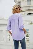 Swiss Dot Notched Neck Three-Quarter Sleeve Blouse - Trendsi - Flyclothing LLC
