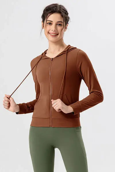 Drawstring Zip Up Hooded Active Outerwear - Trendsi - Flyclothing LLC