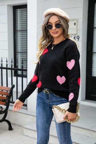 Heart Round Neck Droppped Shoulder Sweater - Trendsi - Flyclothing LLC