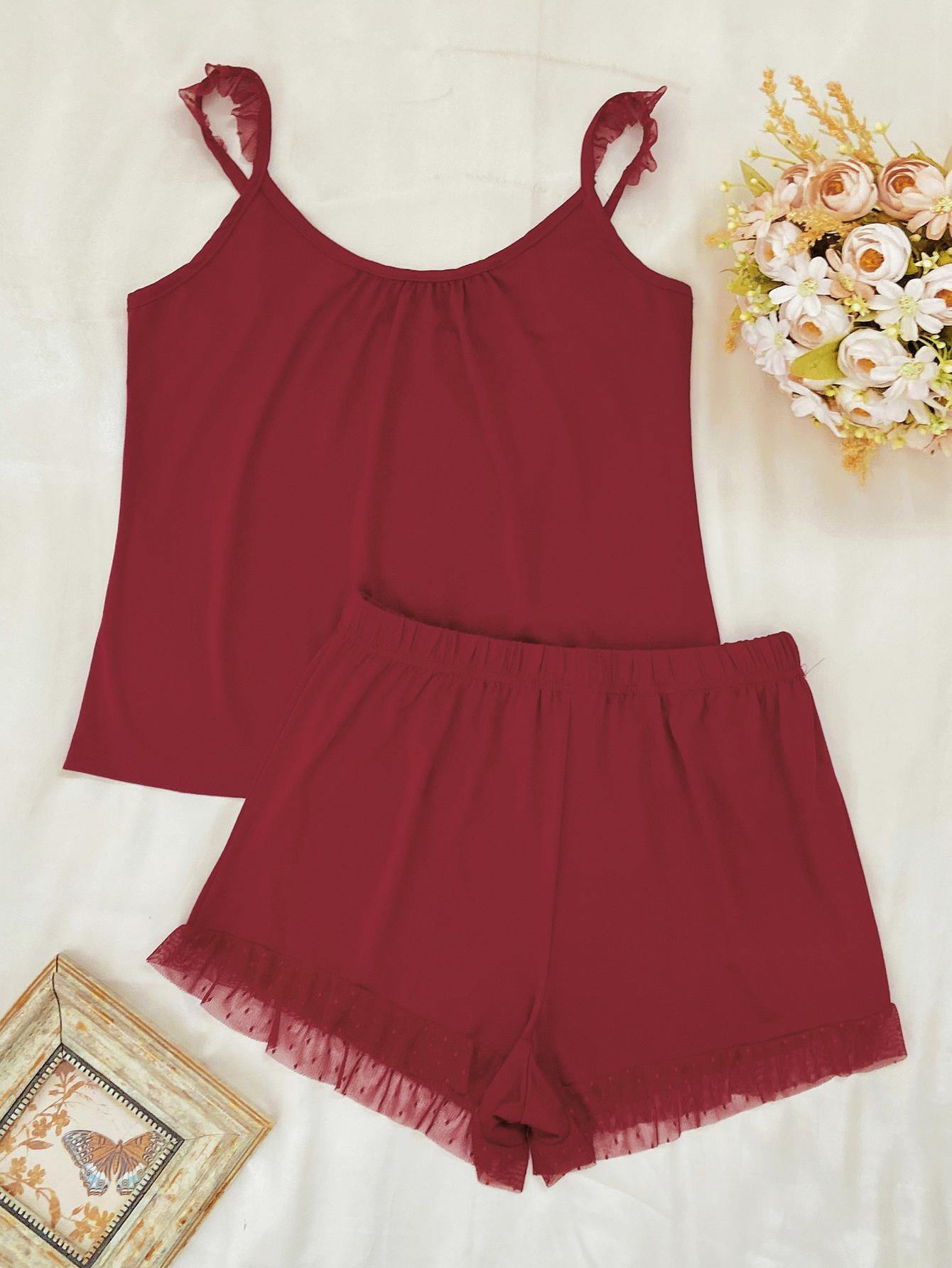 Gathered Detail Spliced Mesh Sleeveless Top and Shorts Lounge Set - Trendsi