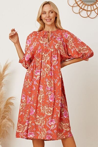 Floral Tie Neck Half Sleeve Dress - Trendsi