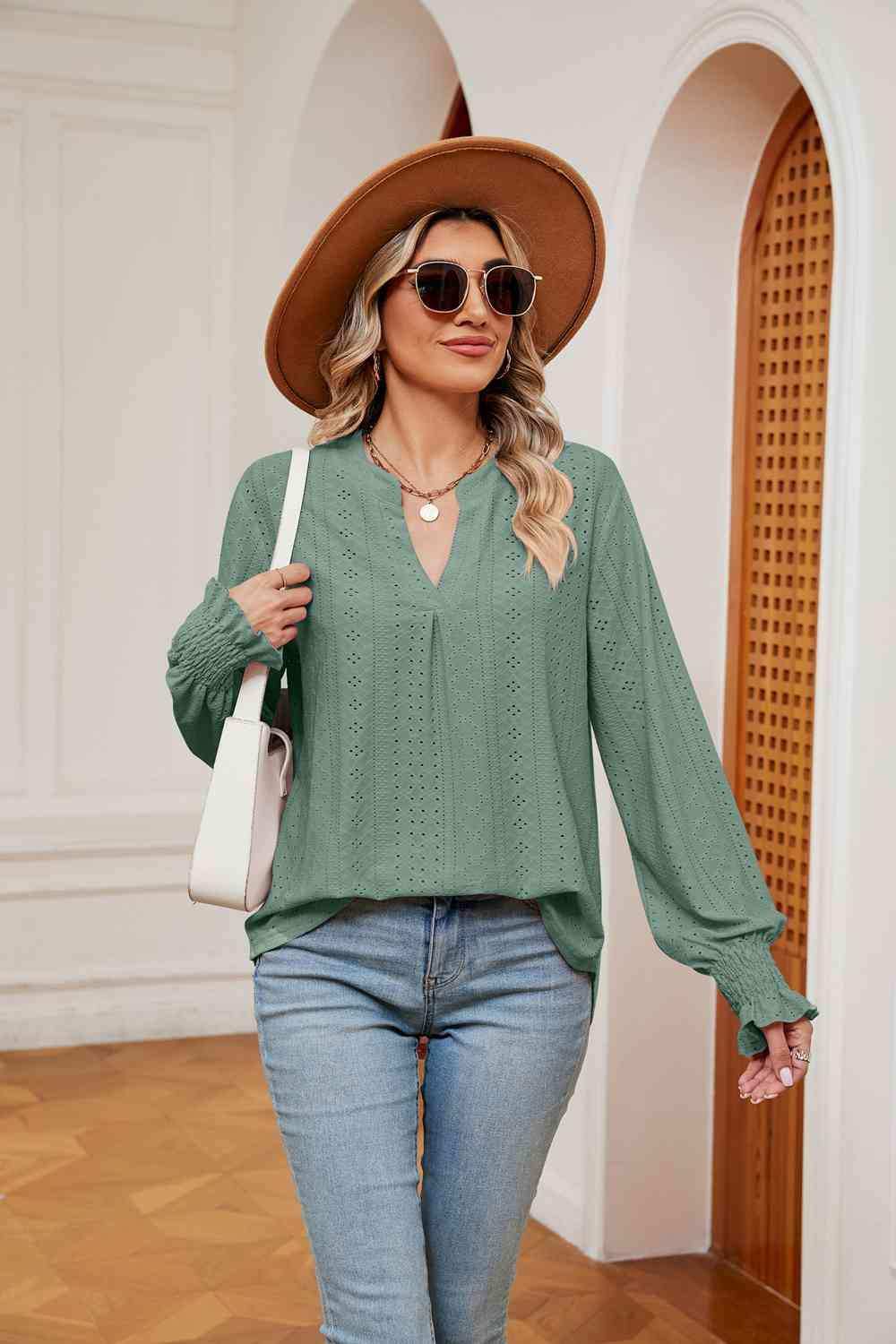 Notched Neck Flounce Sleeve Blouse - Trendsi - Flyclothing LLC