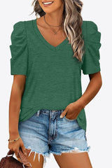 V-Neck Puff Sleeve Tee - Trendsi