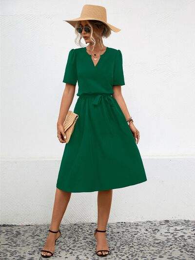 Tied Notched Short Sleeve Dress - Trendsi - Flyclothing LLC
