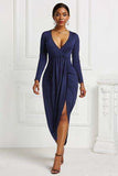 High-low Ruched Surplice Long Sleeve Dress - Trendsi - Flyclothing LLC