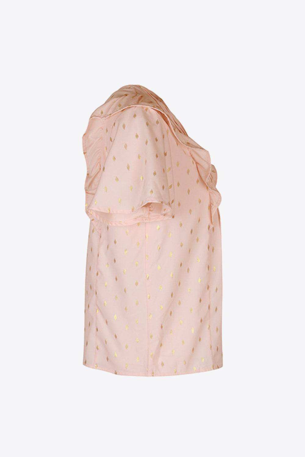 Printed Ruffle Trim Pleated Detail Blouse - Trendsi - Flyclothing LLC