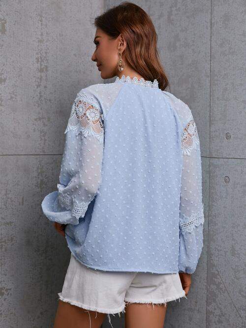 Crochet Tassel Tie Neck Long Sleeve Blouse - Trendsi - Flyclothing LLC