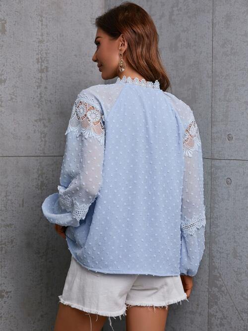 Crochet Tassel Tie Neck Long Sleeve Blouse - Trendsi