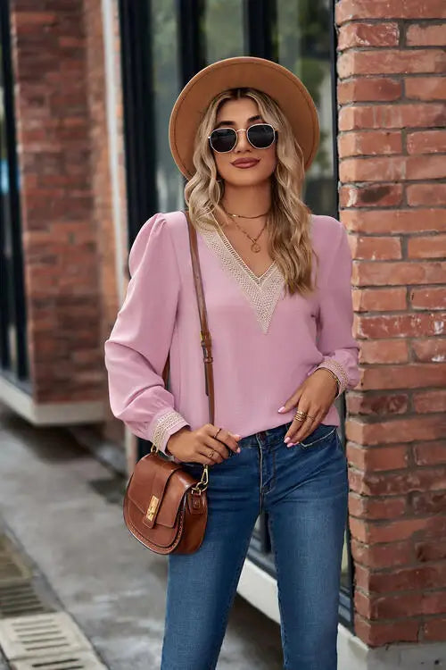 V-Neck Lace Detail Long Sleeve Top - Trendsi - Flyclothing LLC