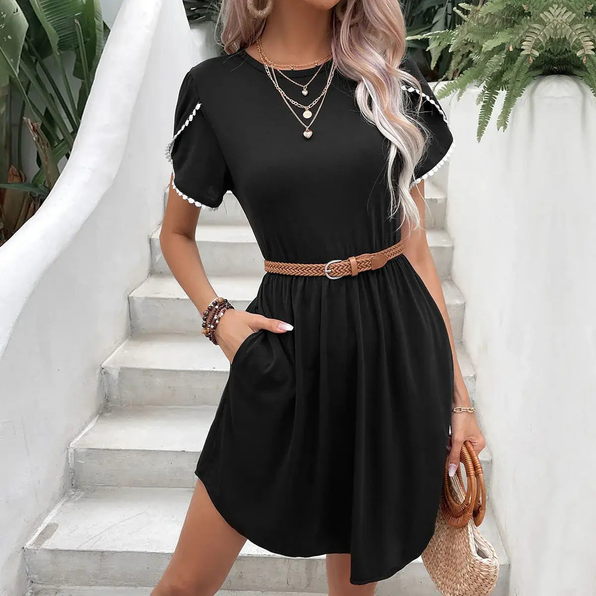 Round Neck Petal Sleeve Dress with Pockets - Trendsi - Flyclothing LLC