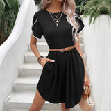 Round Neck Petal Sleeve Dress with Pockets - Trendsi - Flyclothing LLC
