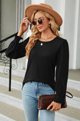 Round Neck Smocked Flounce Sleeve Blouse - Trendsi